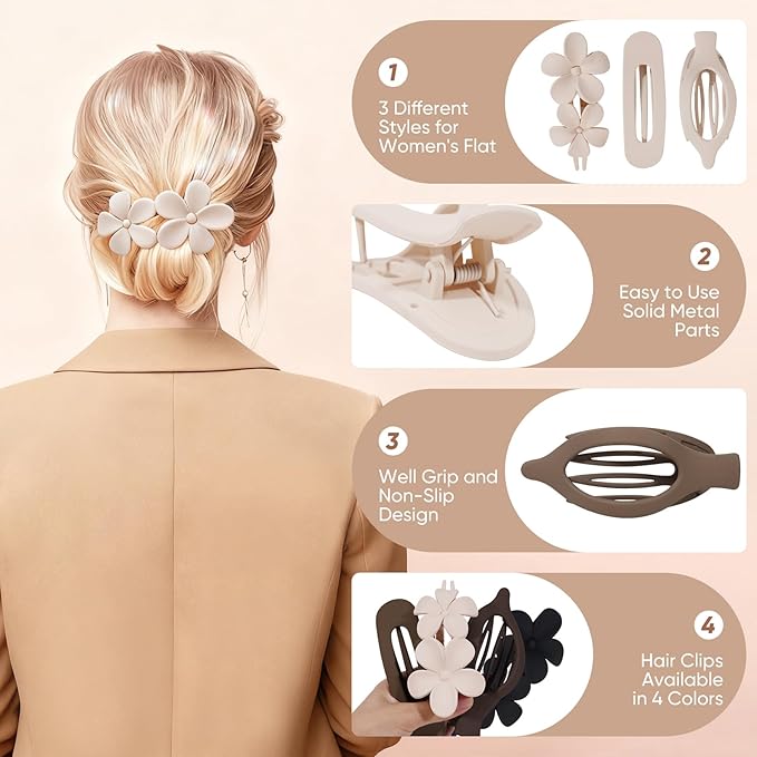 10 Pack Flat Hair Clips for Women, 3 Styles Matte Neutral Flat Claw Clips for Women Girls, Strong Hold Non-Slip Styling Accessories for Thick & Thin Hair