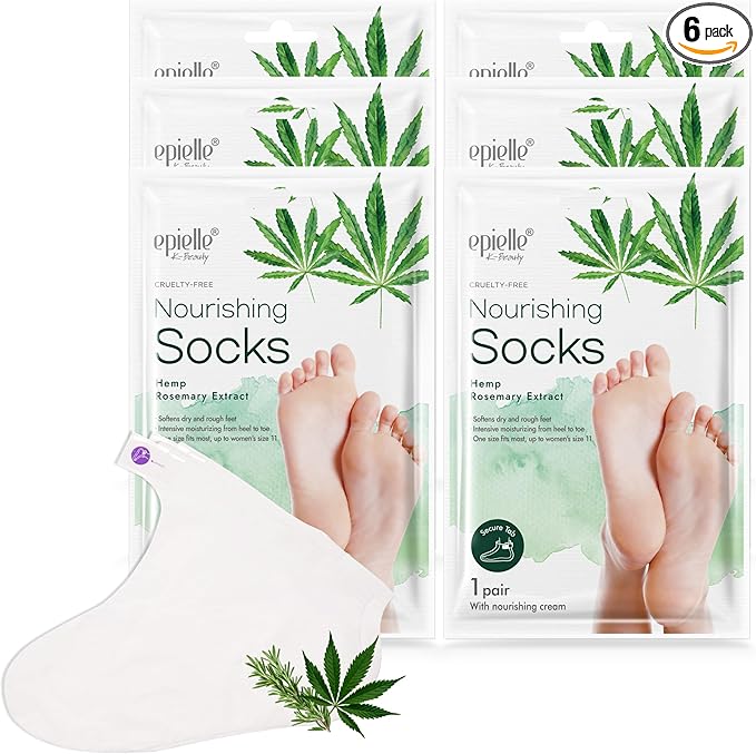 Epielle Nourishing Foot Mask 6 Pairs, Repair and Soften with Hemp & Rosemary Extract, Deep Moisturizing Socks for Dry, Cracked Feet, Self Care Gifts for Women, Spa Kit, Stocking Stuffers