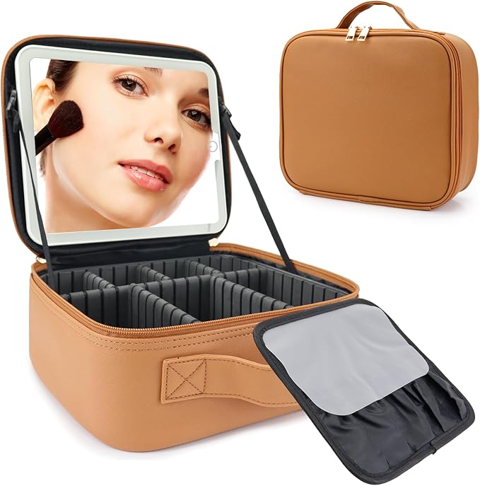 SLUMAZI Travel Makeup Bag with LED Mirror Travel Makeup Organizer with 3 Lighted Settings, Adjustable Dividers and Makeup Brush Storage Bag Orange-Brown