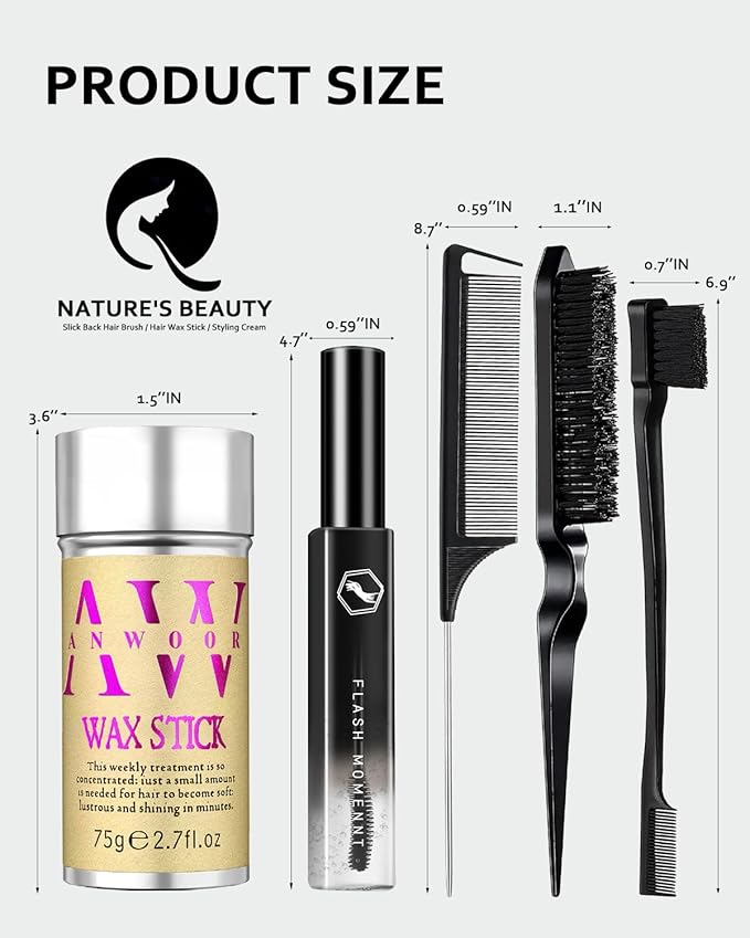 5Pcs Hair Wax Stick & Slick Back Hair Brush, Hair Finishing Stick - Smooths Flyaways, Tames Frizz, Creates Sleek Ponytails & Buns, Defining Edges - Styling Accessories for Women & Kids - All-in-1 Kit