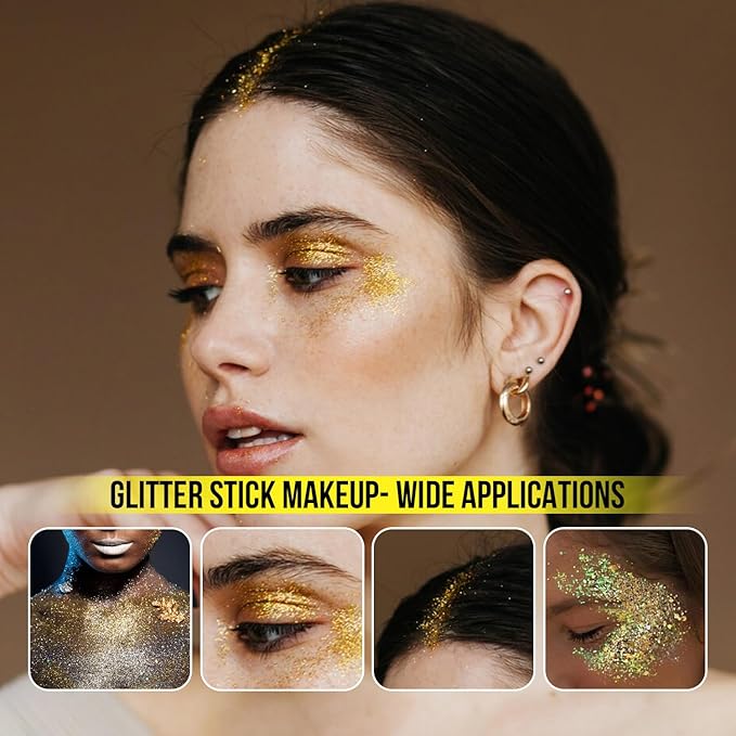 Brzeaf Golden Glitter Stick, Body Glitter, Singer Concerts Music Festival Rave Accessories, Shimmery & Long Lasting, Chunky Glitter for Face/Body/Hair/Eyes/Lip, Face Glitter Makeup