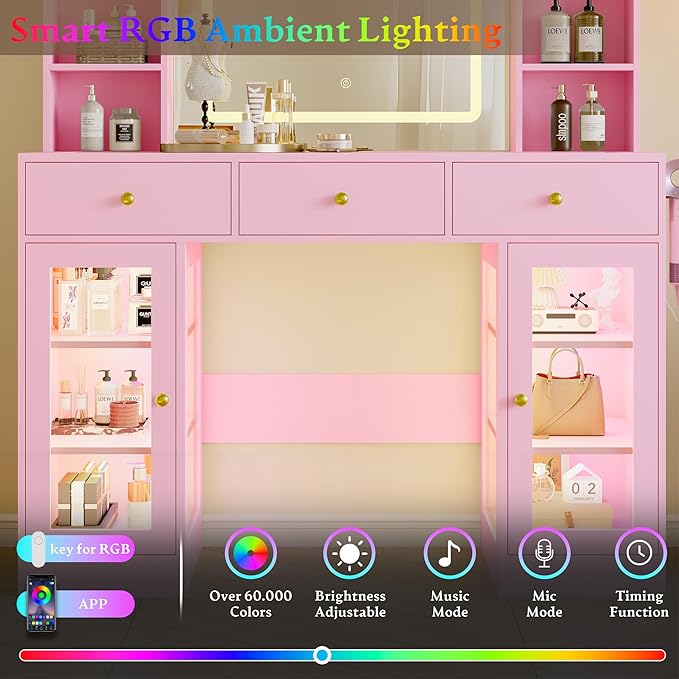 Makeup Vanity Desk with Mirror and Lights, 43" Pink Vanity with Glass Top, Jewelry Storage, 3 Drawers & Glass Cabinets, Power Outlet & Adjustable LED Lights, Dressing Table for Women & Girls Bedroom