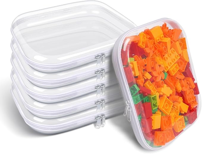 SXS LACONIC Clear Hard Plastic Zipper Case,Transparent Double Zippers Hard Pouch with 6pcs,Portable Travel Organizer Bin for Toy Storage