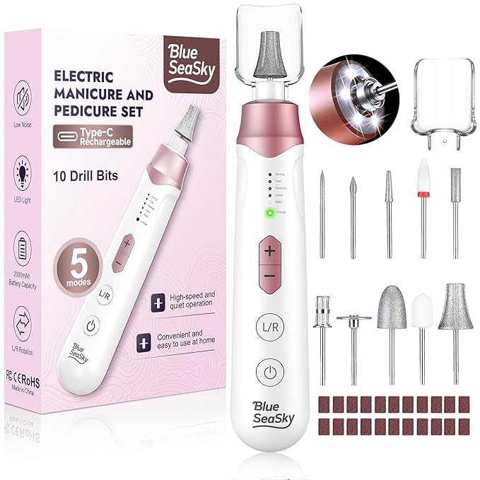 Professional Electric Nail Drill 2000mAH Portable Cordless Electric Nail File 10 in 1 Manicure Pedicure Kit ,5-Speeds Toe Nail Tools Hand Foot Care,Thick Toenail Grinder for Women Men Pets (Pink)