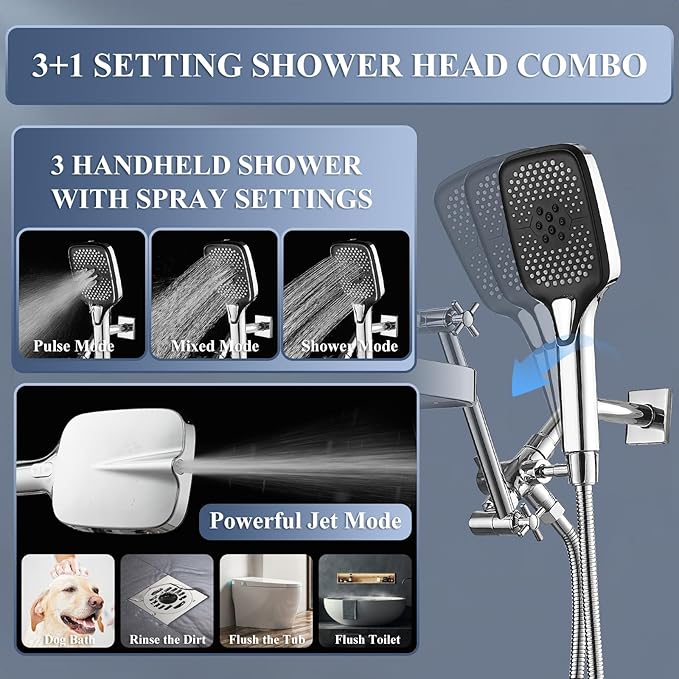 14 Inch Rain Shower Head with Handheld Spray Combo and Extention Arm, Rainfall Waterfall High Pressure Large Shower Heads, Dual Showerhead with 3-Way Diverter - Height/Angle Adjustable(Chrome)
