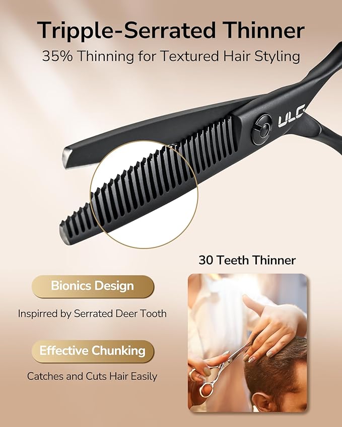 ULG Texturizing Shears – Professional Stainless Steel, 30-Teeth Thinning Scissors, Teflon Coated, Deer Tooth Blades for Precise Thinning and Layering, Ideal for Stylists and Barbers