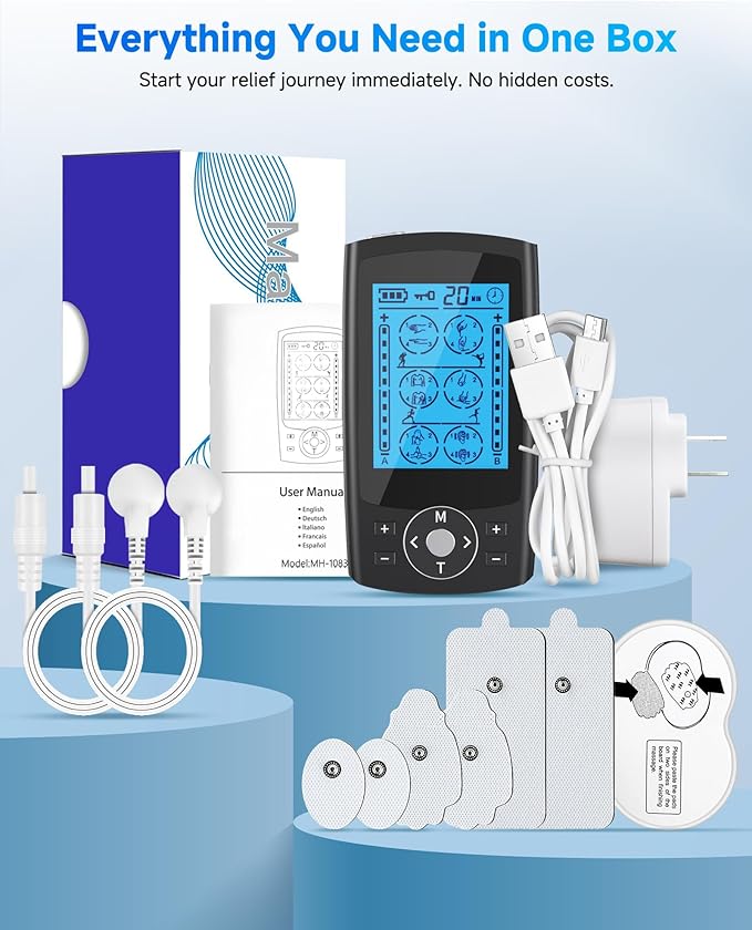 TENS Unit Muscle Stimulator, 24 Modes Dual Channel TENS EMS Machine for Muscle Tension and Back Relief, Rechargeable Pulse Massager with Timer, 6 Upgraded Pads for Neck Shoulder Leg and Knee