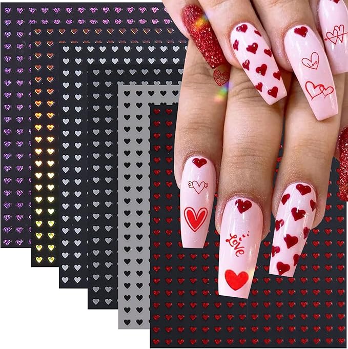 6 Sheets Heart Nail Stickers for Nail Art Heart Nail Decals 3D Self-Adhesive Black Blue Silver Hearts Valentines Nails Art Sticker Design Holiday Manicure Decoration Accessories for Women