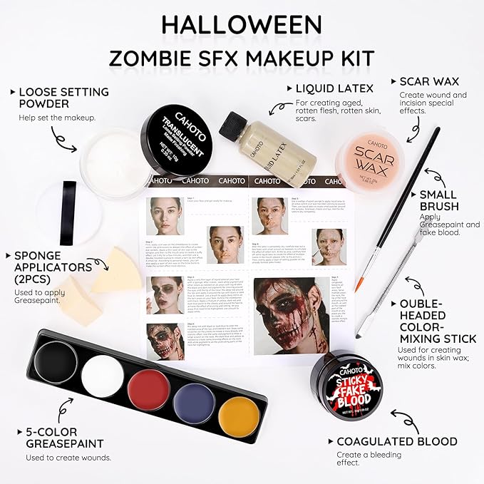 Halloween Zombie SFX Makeup Kit, Complete Zombie Makeup Set Include 5 Colors Face Paint, Scar Wax, Setting Powder, Fake Blood & Liquid Latex for Cosplay Stage Realistic Special Effects Makeup