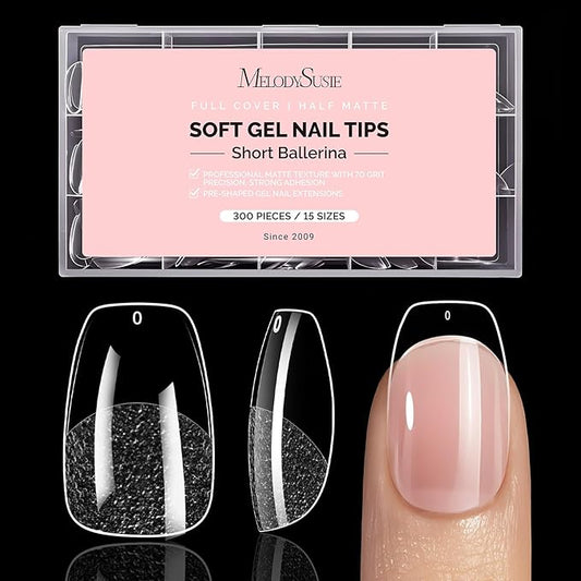 MelodySusie Short Ballerina X Nail Tips - 300Pcs 15 Sizes Clear Acrylic, Half Matte Full Cover Press on Nails for DIY Extension & Salon Use,Pre-Shaped for Long-Lasting Manicure