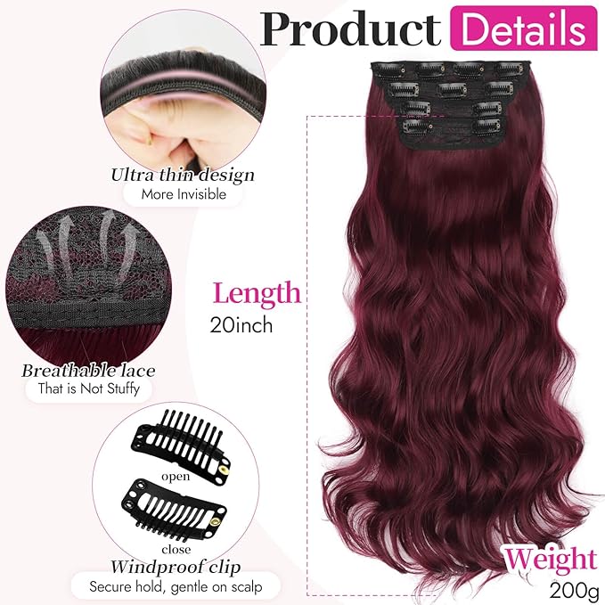 Kookastyle Clip in Hair Extensions, Natural Long Layered Soft Invisible Synthetic Curly Hairpieces for Women,4 pcs(20 Inch，Burgundy)