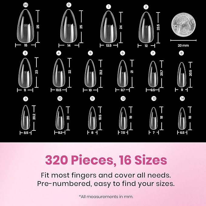 Beetles Gel Nail Tips Flat-X - Almond Medium, 320pcs 16 Sizes, Pre-Etched Half Matte Full Cover Soft Acrylic Press on False Nail Extension Tips Easy DIY Salon for Flat & Natural Nail Beds