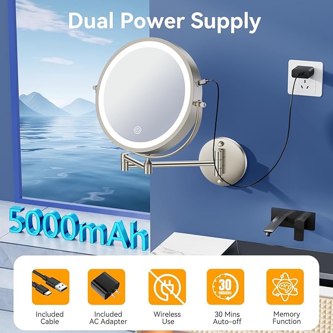 9'' 30X/1X Wall Mounted Lighted Makeup Mirror, 5000mAh Rechargeable Double-Sided Magnifying Mirror with Light, Vanity Mirror Touch Dimmable 3 Colors 360° Rotation Extended Foldable Arm, Power Adapter