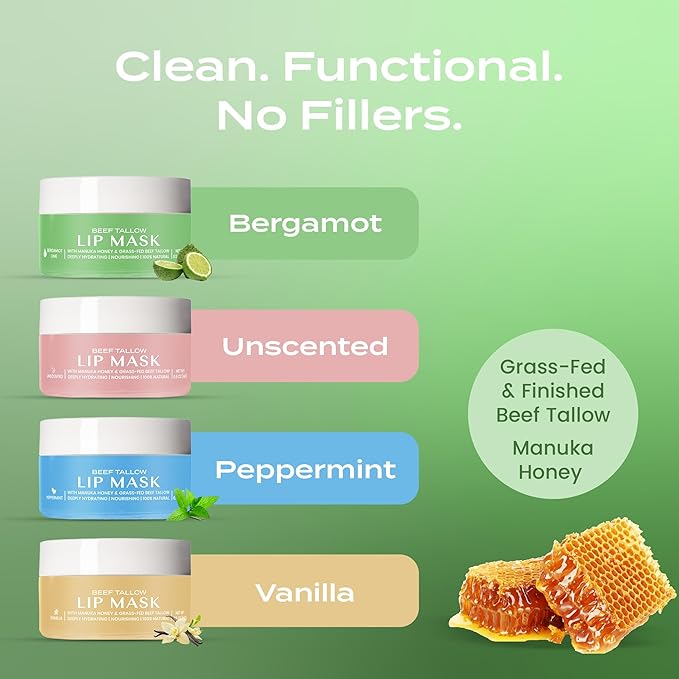 Body Restore Grass Fed Beef Tallow Lip Mask, with Manuka Honey – Valentines Day Gifts for Her and Him, Hydrating Moisture, Travel Essentials, Self Care, Birthday Gifts for Women and Men – Bergamot