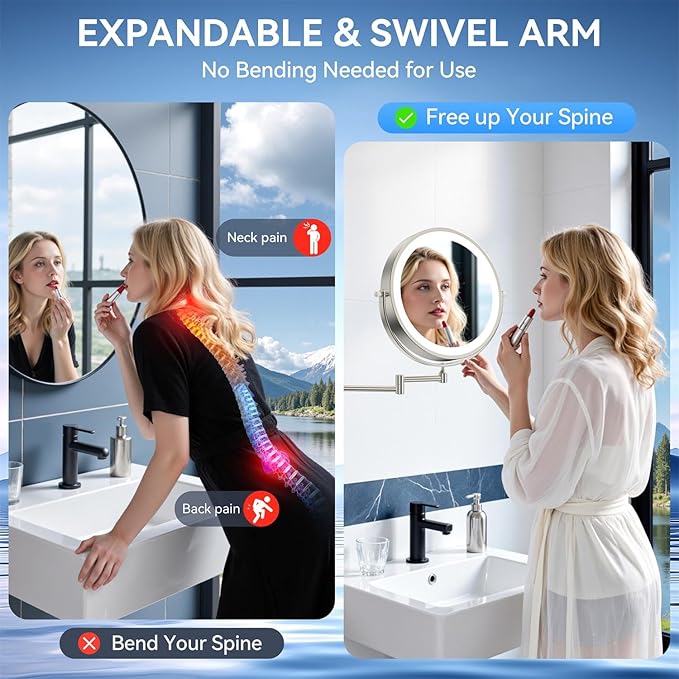 9'' 30X/1X Wall Mounted Lighted Makeup Mirror, 5000mAh Rechargeable Double-Sided Magnifying Mirror with Light, Vanity Mirror Touch Dimmable 3 Colors 360° Rotation Extended Foldable Arm, Power Adapter