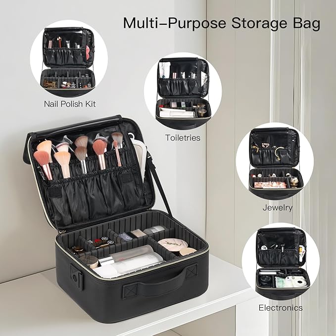 Makeup Travel Case, 12 Inch Makeup Organizer Bag with Compartment and Dividers, Portable Cosmetic Bag for Women with Brush Storage Sturdy Dual Zip Closure, Waterproof, Durable, Gift for Her, Black