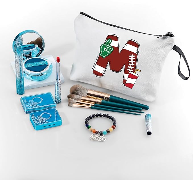 Football Initial Birthday Graduation Gifts Cosmetic Travel Toiletry Bags Football Accessories Party Favors for Women Girls Daughter Niece Team Coach Friends -M