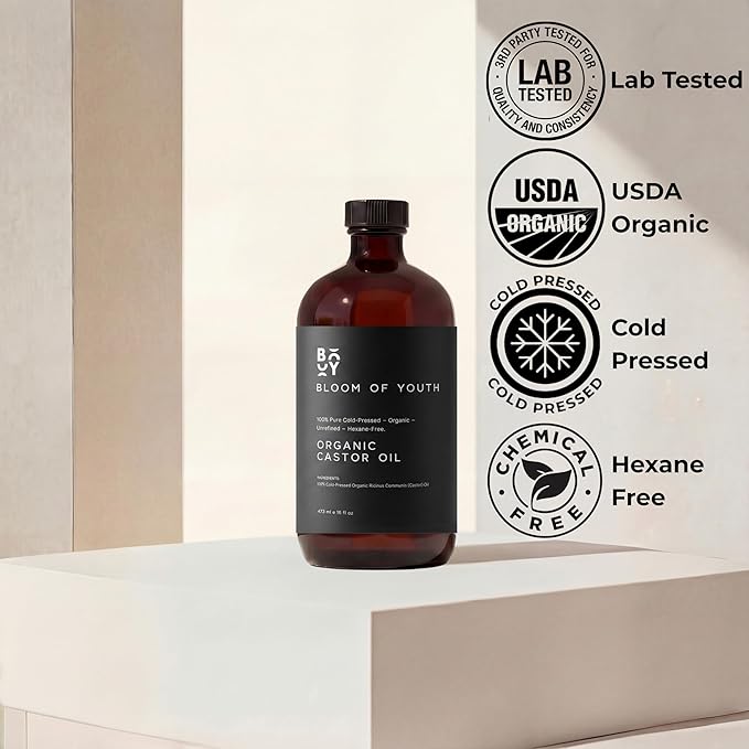 100% Pure Cold Pressed Organic Castor Oil, Glass Bottle 16oz | Hexane Free, Unrefined, USDA Certified | For Hair, Skincare, Castor Oil Pack, Face, Joints, Carrier Oil, Eyelashes, Eyebrows