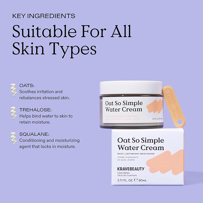 KraveBeauty Oat So Simple Water Cream – Korean-Inspired Daily Moisturizer, Hydrating & Soothing, Oat & Squalane, Vegan & Cruelty-Free, 2.7 fl oz