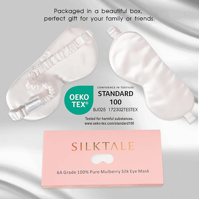 SILKTALE 100% Mulberry Silk Eye Mask for Sleeping with Silk Wrapped Adjustable Strap,Ivory White