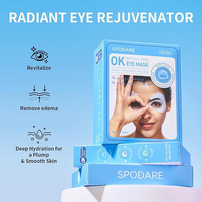 SPODARE OK Shape Eye Masks, 360° Fit Under Eye Patches with Retinol and Collagen, Firming & Hydrating Eye Mask for Wrinkles and Puffy Eyes, Self Care Gifts for Women - 18 Pairs, Happy Blue