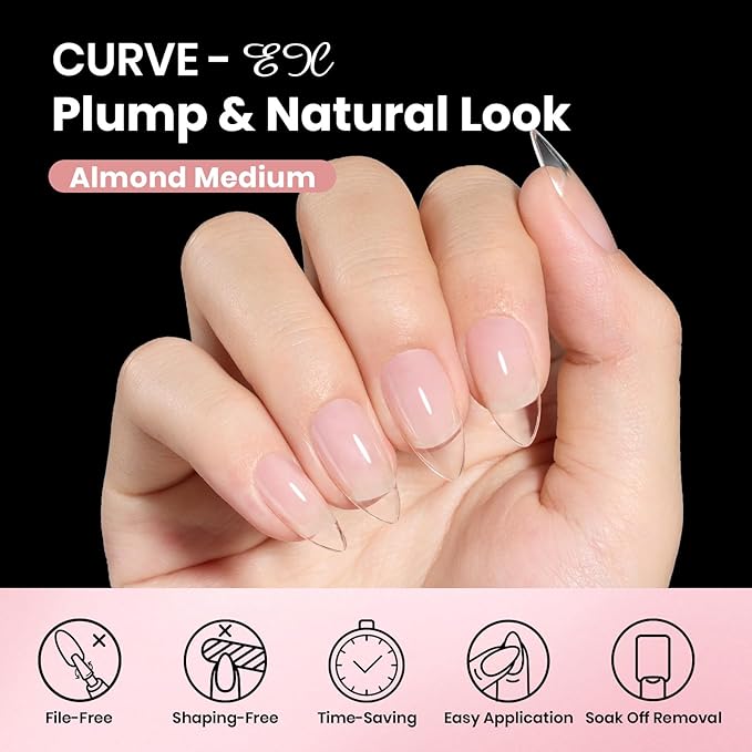 Beetles Gel Nail Tips Curve-EX - Almond Medium, 160pcs 16 Sizes, Etch-X Half Matte Full Cover Soft Acrylic False Press on Nail Tips Easy DIY Nail Extension Art Salon for Curved & Natural Nail Beds