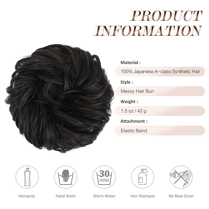 FESHFEN Messy Bun Hair Piece - Wavy Synthetic Chignon Scrunchies for Instant Volume, Elastic Bun Ponytail Hair Extensions Thick Hairpieces for Women, Black Brown 1.50 oz