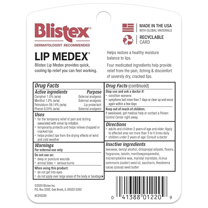 Blistex Lip Medex, 0.25 Ounce, Medicated Relief with Immediate Cooling, Soothes and Protects, Advanced Hydration, Restores Healthy Moisture Balance to Lips, 3 Count, 1 Pack
