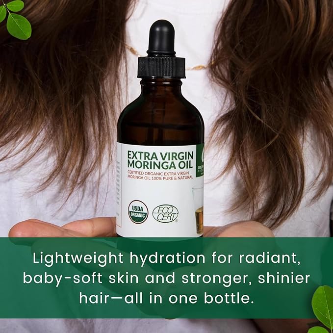 Organic Moringa Oil Bundle – Cold Pressed, Extra Virgin, 100% Pure, Food Grade – 4oz Full Size + 1oz Travel Bottle – Deep Moisturizing, Anti-Aging, Multi-Purpose Skin & Hair Oil