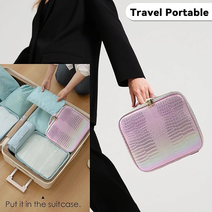 SLUMAZI Travel Makeup Bag Makeup Cosmetic Train Case Organizer Portable Storage Bag with Adjustable Dividers for Cosmetics Makeup Brushes Toiletry Jewelry Colored Crocodile Pattern