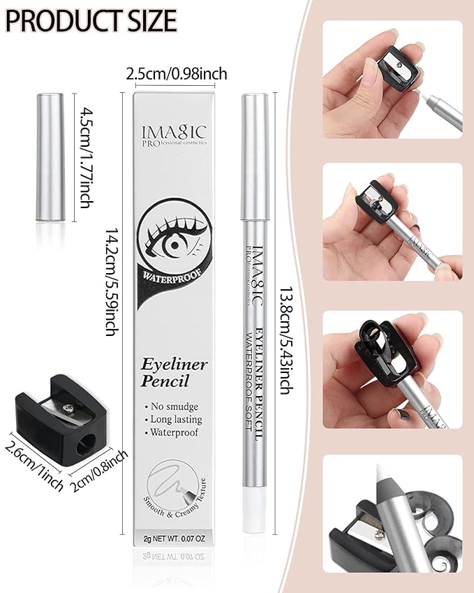 2Pcs White Waterproof Gel Eyeliner Pencil,Highlighter Eye Liner Pencil Natural Matte Long Lasting Super Smooth formula White Eye Liner Eyeshadow Makeup Pens,Eye Brightener Pencil with Pencil Sharpener