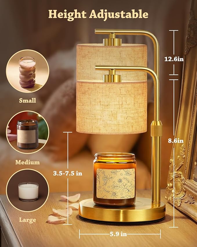 Candle Warmer Lamp with Timer Dimmer, Height Adjustable Candle Wax Warmer Candle Lamp for Jar Candles with 2 Bulbs, House Warming Gift for Home Room Decor, Birthday Gifts for Women Mom (Gold)