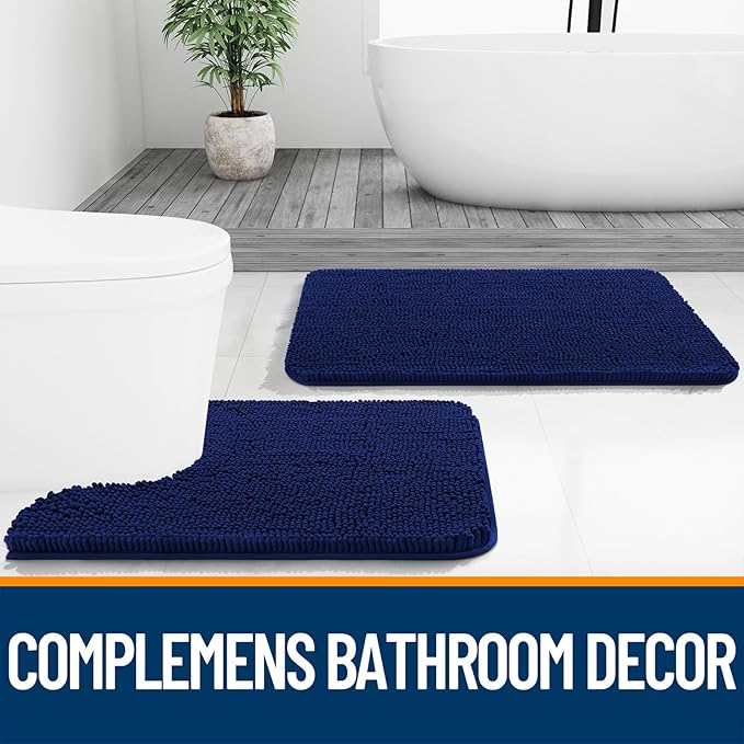 OLANLY Bathroom Rugs 30x18, Extra Soft Absorbent Chenille Bath Rugs, Rubber Backing Quick Dry, Machine Washable Bath Mats for Bathroom Floor, Tub and Shower, Home Decor Accessories, Navy
