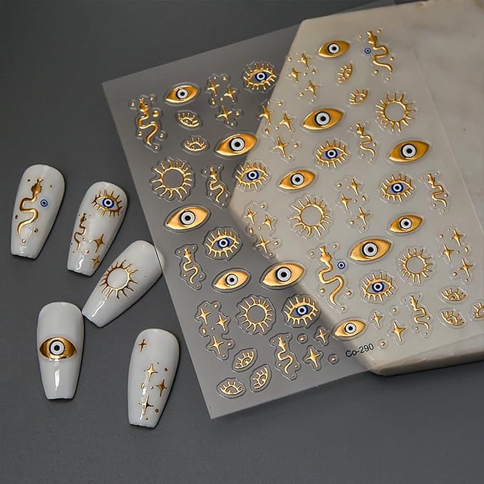 Gold Nail Art Stickers 5D Embossed Star Nail Decals for Nail Art Designs Gold Eyes Nail Stickers Decals Self Adhesive Star Moon Nails Supplies for Women Girls DIY Nail Decorations