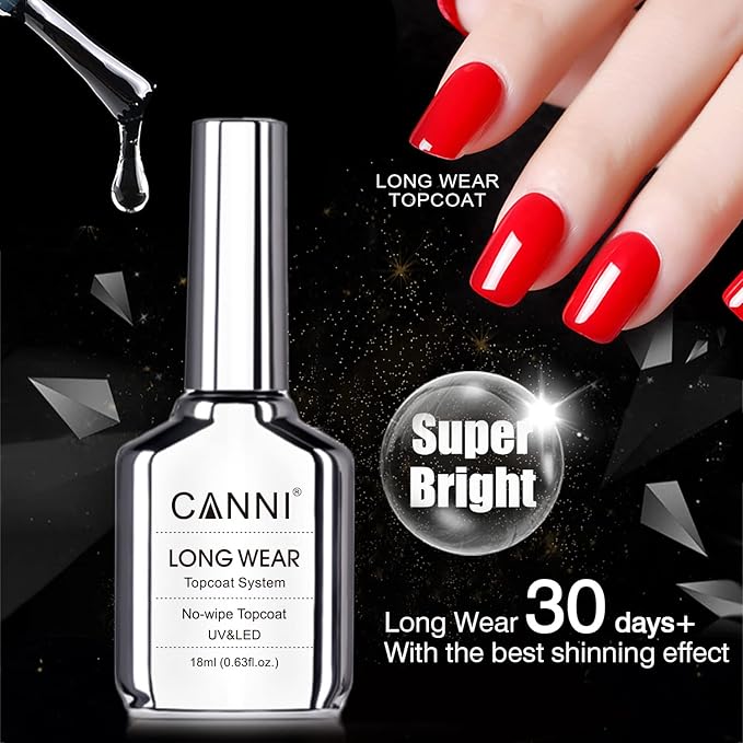 CANNI 18ml No Wipe Gel Top Coat - Scratch Resistant Gel Nail Polish High Gloss Shiny and Long Lasting Clear Top Coat, Soak Off LED Nail Lamp Nail Art Starter Manicure