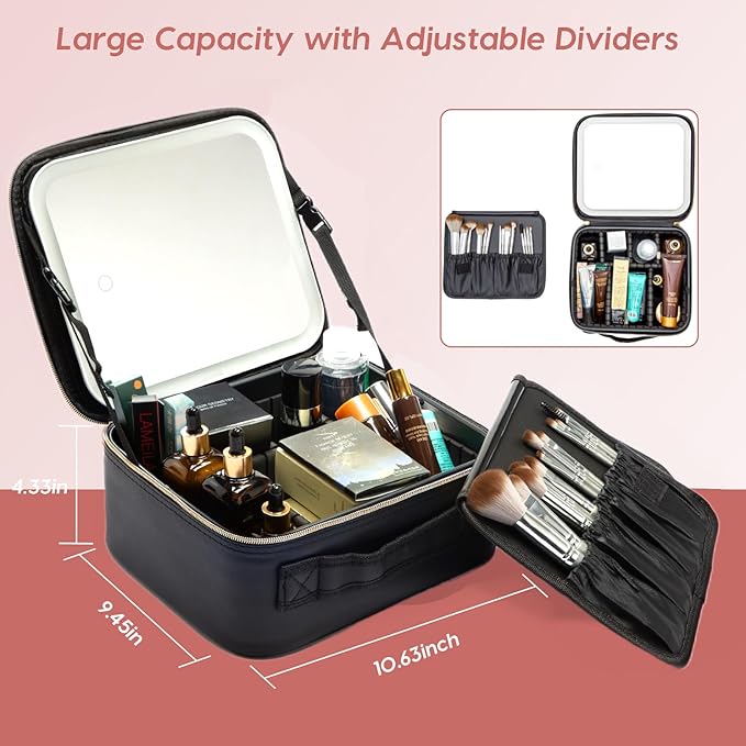 Gdsshuhung Makeup Bag with Mirror | Partitionable Professional Makeup Organizer | Large Travel Makeup Bag for Women | Cosmetic Case for Daily & On-the-Go Use (Grid Black)
