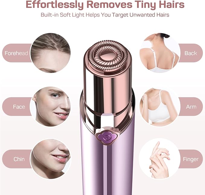 Facial Hair Removal for Women, Ladies Face Shaver(USB Rechargeable) for Chin Lip Neck Armpits and Peach Fuzz, Included 2 pc Replacement Heads