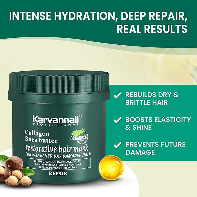 Collagen Shea Butter Restorative Hair Treatment Mask for High Porosity Hair, Ultimate Repair Formula For Dry Damaged and Weak or Hair Breakage, Sulfate-Free, Salon Quality-Home Care,16.9 Fl Oz