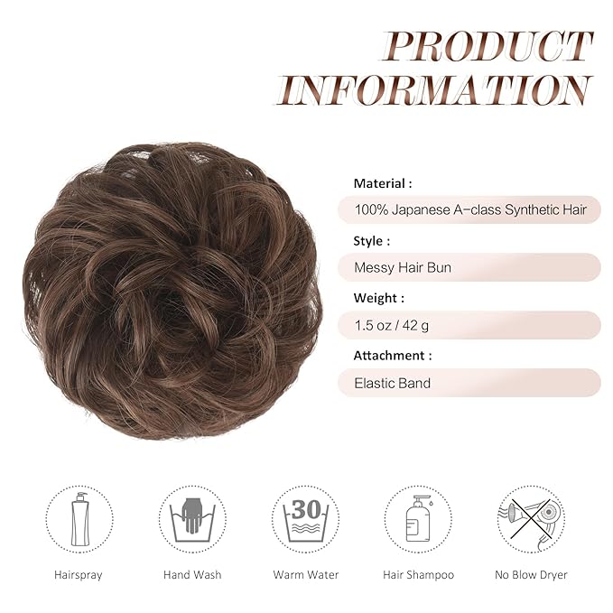 FESHFEN Messy Bun Hair Piece - Wavy Synthetic Chignon Scrunchies for Instant Volume, Elastic Bun Ponytail Hair Extensions Thick Hairpieces for Women, Brunette Brown 1.50 oz