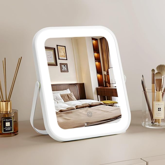 Vanity Mirror with Lights, 10"×8" Makeup Mirror with lights Built-in 1500mAH Battery, HD Mirror, Smart Touch with 3-Color Lighting, Dimmable, Desk Mirror, Women Gift, Travel Essentials (White)