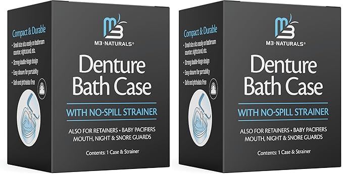 Denture Bath Case and Retainer Case, Denture Bath Cup for Invisalign Retainers Mouthguards Dentures Cleaner Kit with Strainer Spill-Free Portable Retainer Cleaner Case by M3 Naturals (Pack of 2)