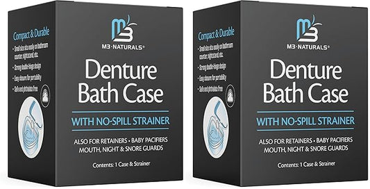 Denture Bath Case and Retainer Case, Denture Bath Cup for Invisalign Retainers Mouthguards Dentures Cleaner Kit with Strainer Spill-Free Portable Retainer Cleaner Case by M3 Naturals (Pack of 2)