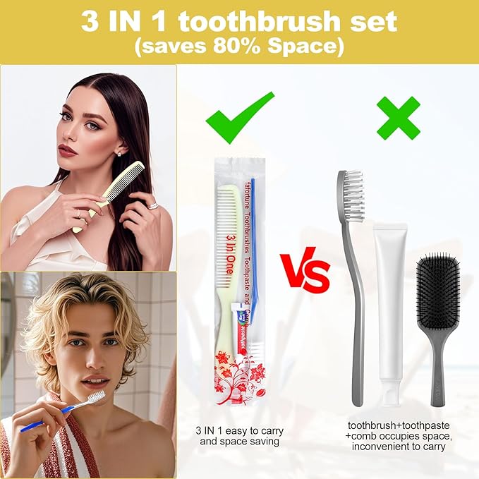 Disposable Toothbrushes with Toothpaste and Comb for Homeless Individually Wrapped-Suitable for Hotel,Air Bnb,Shelter/Homeless/Nursing Home/Charity (100PCS)