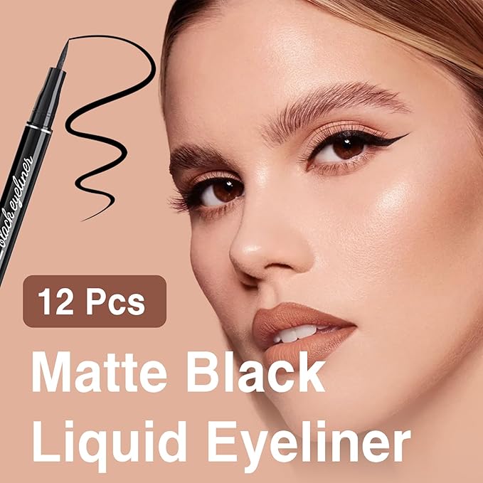 12 Pieces Matte Black Liquid Eyeliner Set, Waterproof Eyeliner with Ultra-Fine Tip, Quicky Dry, Smudge-proof, Uniform and smooth, Vegan Formula for Sensitive Eyes
