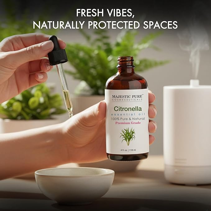 Majestic Pure Essential Oil with Glass Dropper - 100% Pure and Natural - Essential Oils for Diffuser, Aromatherapy, Soap and Candle Making, Citronella Essential Oil, Citronella Oil, 4 Fl Oz