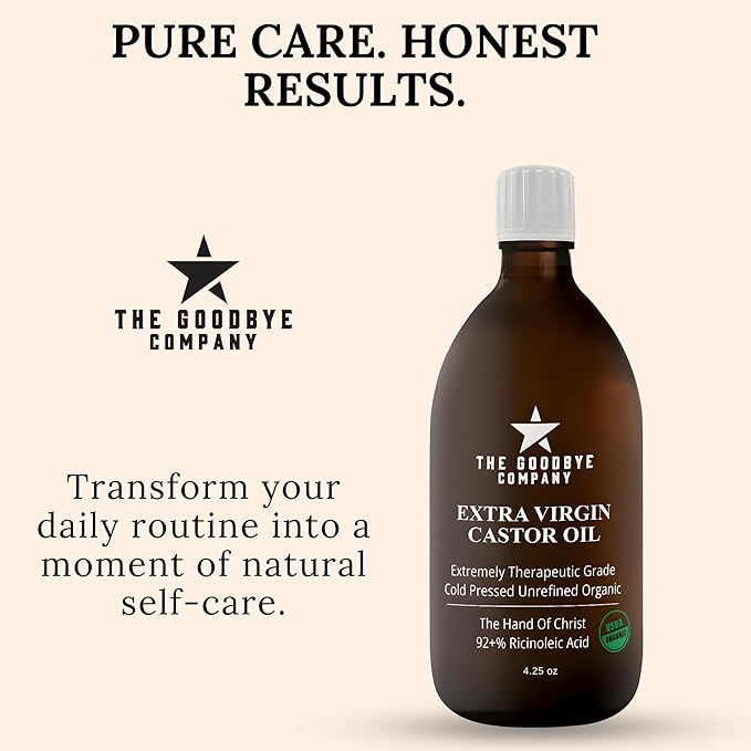 Goodbye Company USDA Organic Food Grade Cold-Pressed Castor Oil - 8.5 oz Glass Bottle, Hexane-Free, Extra Virgin, Small Batch Family Farm Ethically Sourced for Hair Growth, Digestion, Lashes, Brows