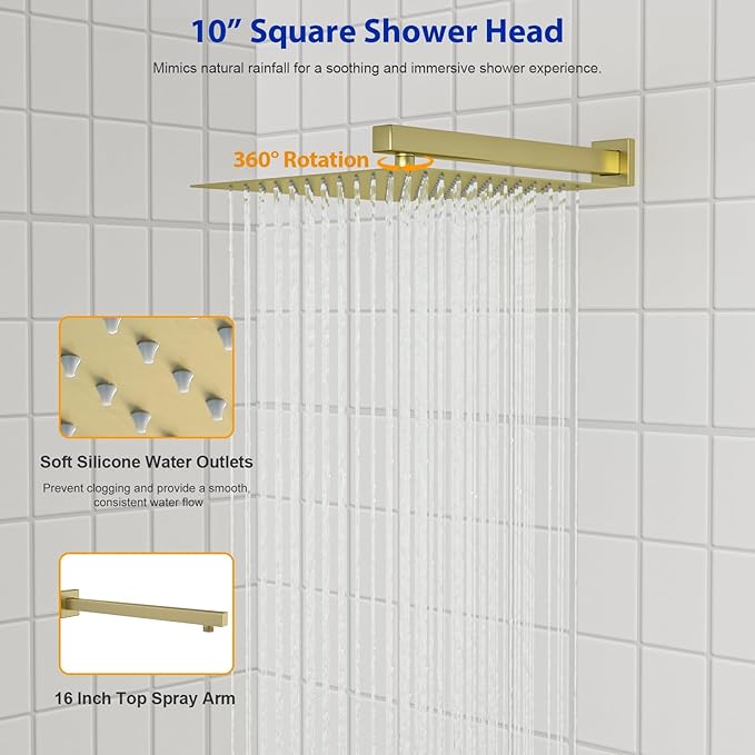 Dcolora 10 In. Rainfall Shower System with Handheld, Gold Shower Faucet Set for Bathroom, Brass Valve, 304 Stainless Steel, Anti-Scald cUPC Certified (Brushed Gold, 10 Inch)
