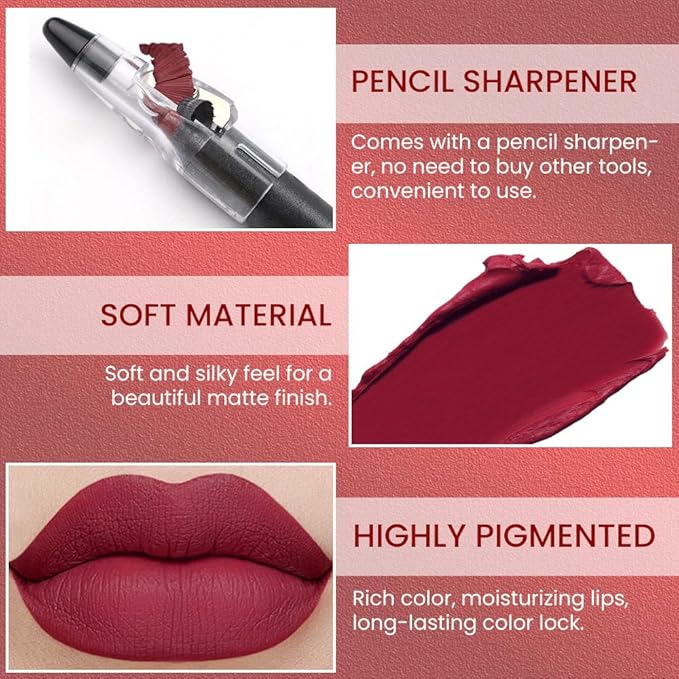 Purple Red Crayon Matte Lipstick Lip Liner Pencil, Moisture Smooth Lipstick Pencil, With pencil sharpener Sharpenable Lip Pencil, Ultimate Lip Crayon for Women Smudgeproof Waterproof 07#