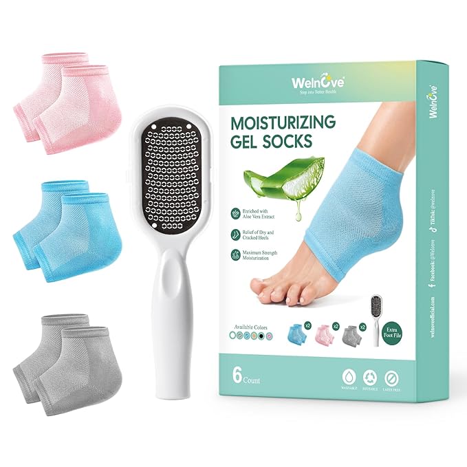 Welnove Moisturizing Heel Socks - 3 Pairs Aloe Vera Extract Infused Gel Lining for Dry Feet - Cracked Heel Repair Treatment - Cotton Socks for Women Men Foot Care (Includes Foot File, Extra Large)