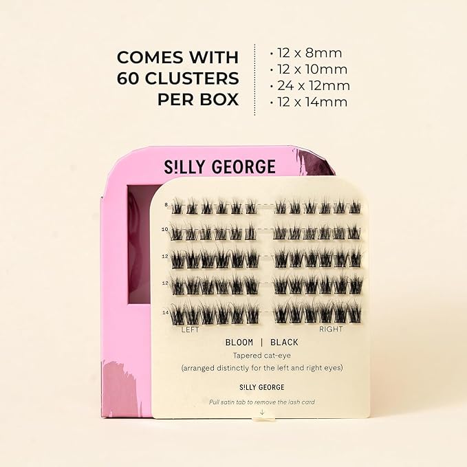 Silly George Pop-On Lashes - DIY 1-Step Pre-Glued Faux Eyelash Clusters, Natural Look Extensions, Black - Bloom, 5-7 Pair Set, Pack of 60 Clusters